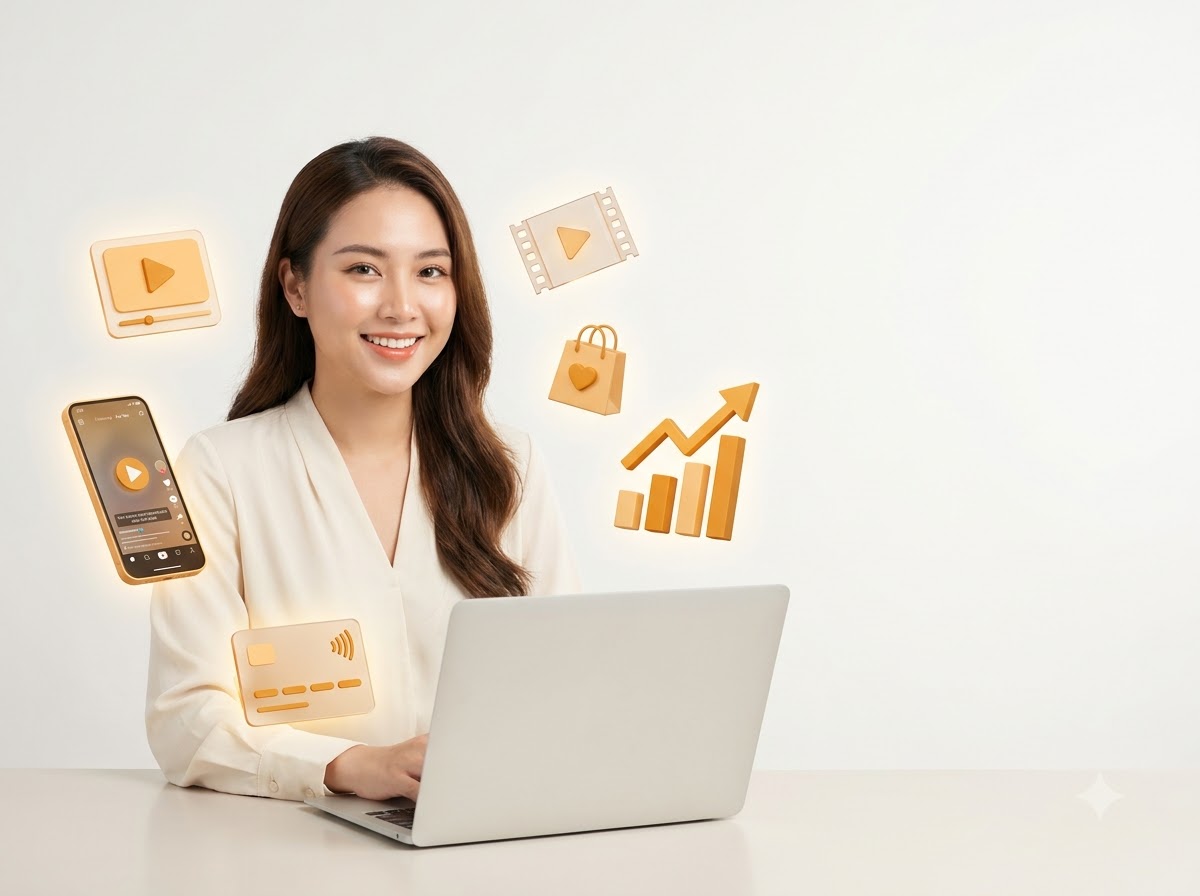 Người sáng tạo trẻ làm video và bán hàng bằng AI — minh hoạ